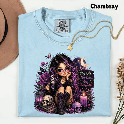 Stay Wild Stay Kind Goth Girl Skull T-Shirt, Purple Crescent Moon Witchy Tee