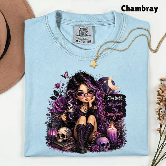 Stay Wild Stay Kind Goth Girl Skull T-Shirt, Purple Crescent Moon Witchy Tee