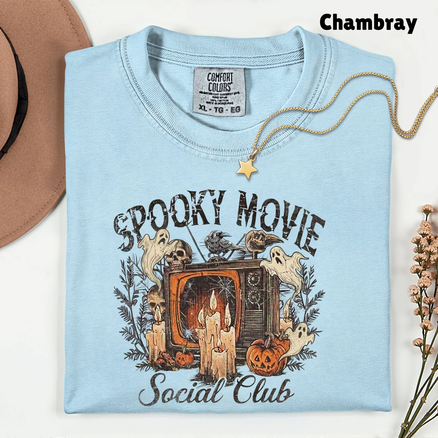 Spooky Movie Social Club Vintage Horror T-Shirt, Ghosts Pumpkin Candles Halloween Tee