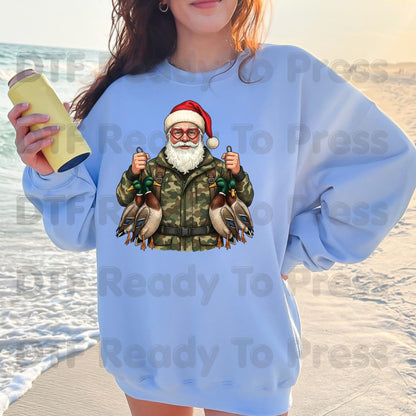 Christmas DTF Transfer, Santa Duck Hunting, Camo Mallards Graphic