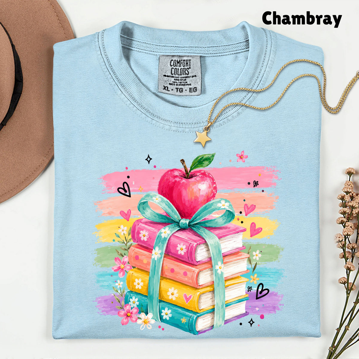 Coquette Stacked Books Teacher T-Shirt, Apple Ribbon Colorful Brushstrokes Comfort Color Tee