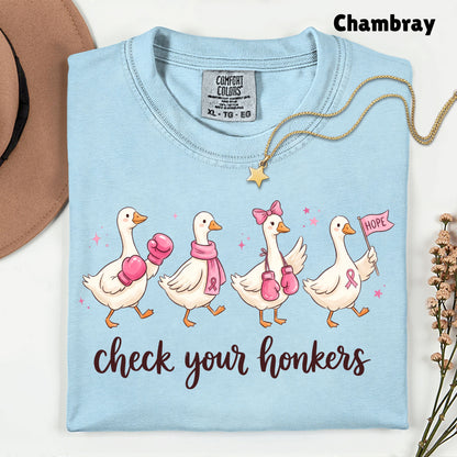 Check Your Honkers Ducks Breast Cancer Awareness T-Shirt, Pink Ribbon Boxing Gloves Geese Tee