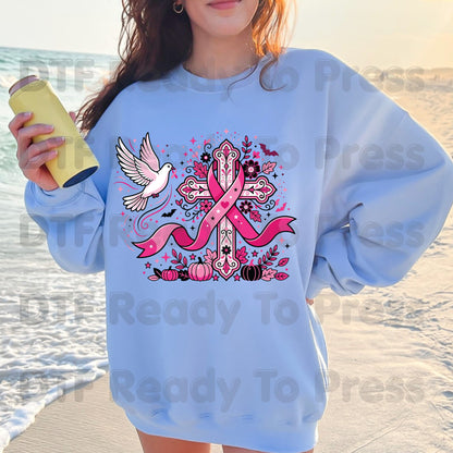 Pink Cross Dove Breast Cancer Awareness DTF Transfer Ready to Press Faith Heat Transfer Tee