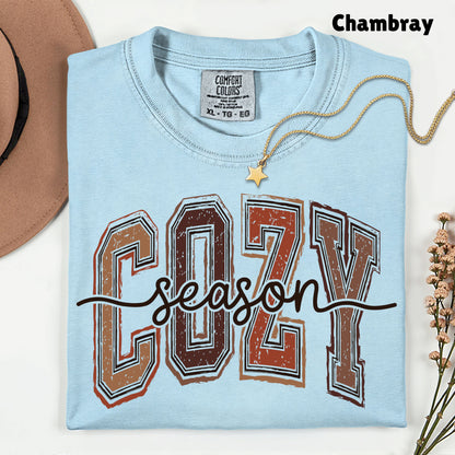 Cozy Season Fall T-Shirt, Distressed Varsity Letters Autumn Neutral Tones Tee