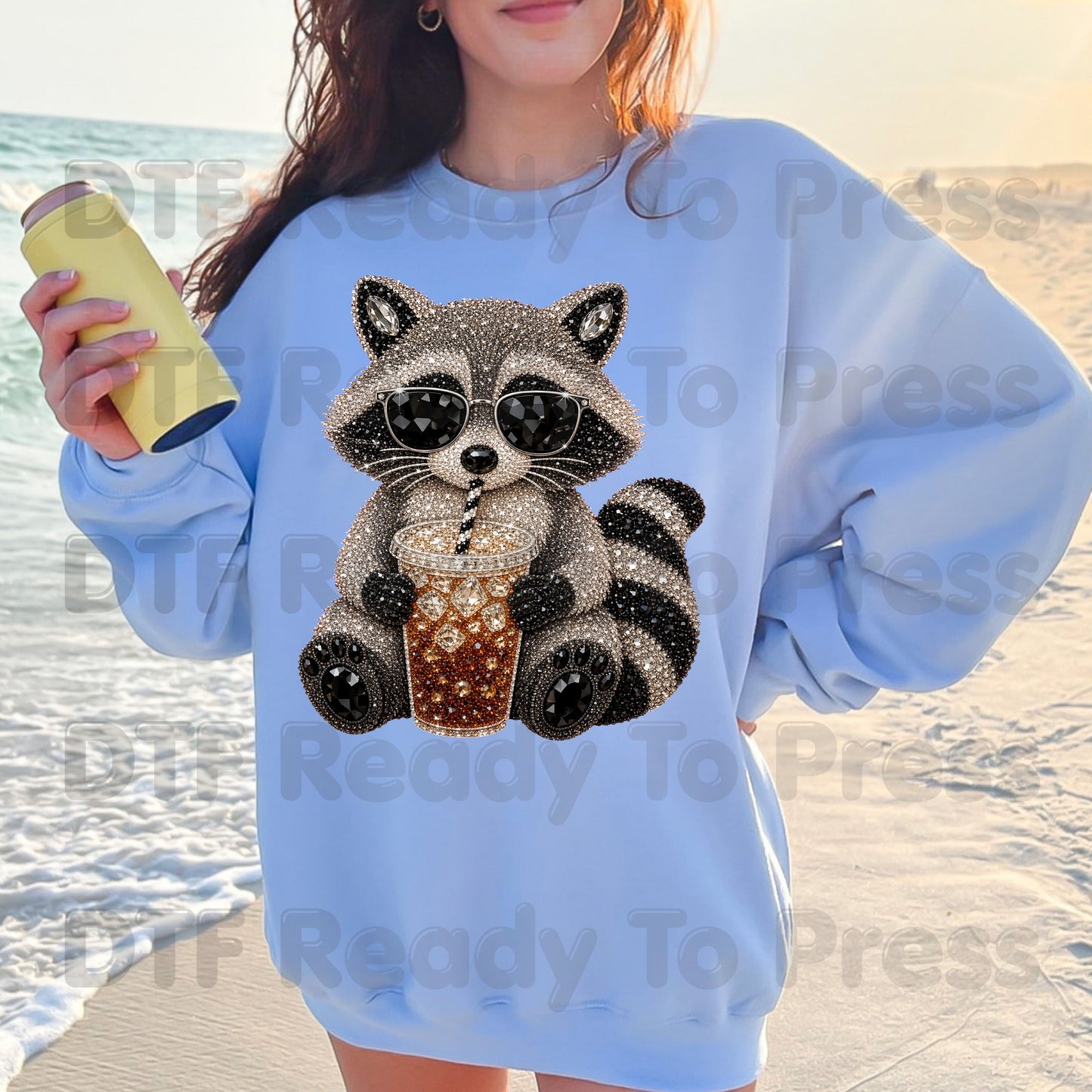 Cool Raccoon DTF Transfers, Sunglasses Iced Coffee Trash Panda Rhinestone Ready to Press