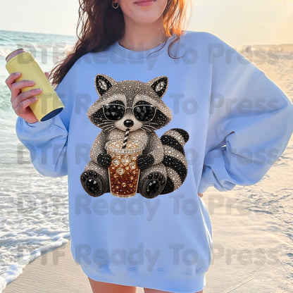 Cool Raccoon DTF Transfers, Sunglasses Iced Coffee Trash Panda Rhinestone Ready to Press