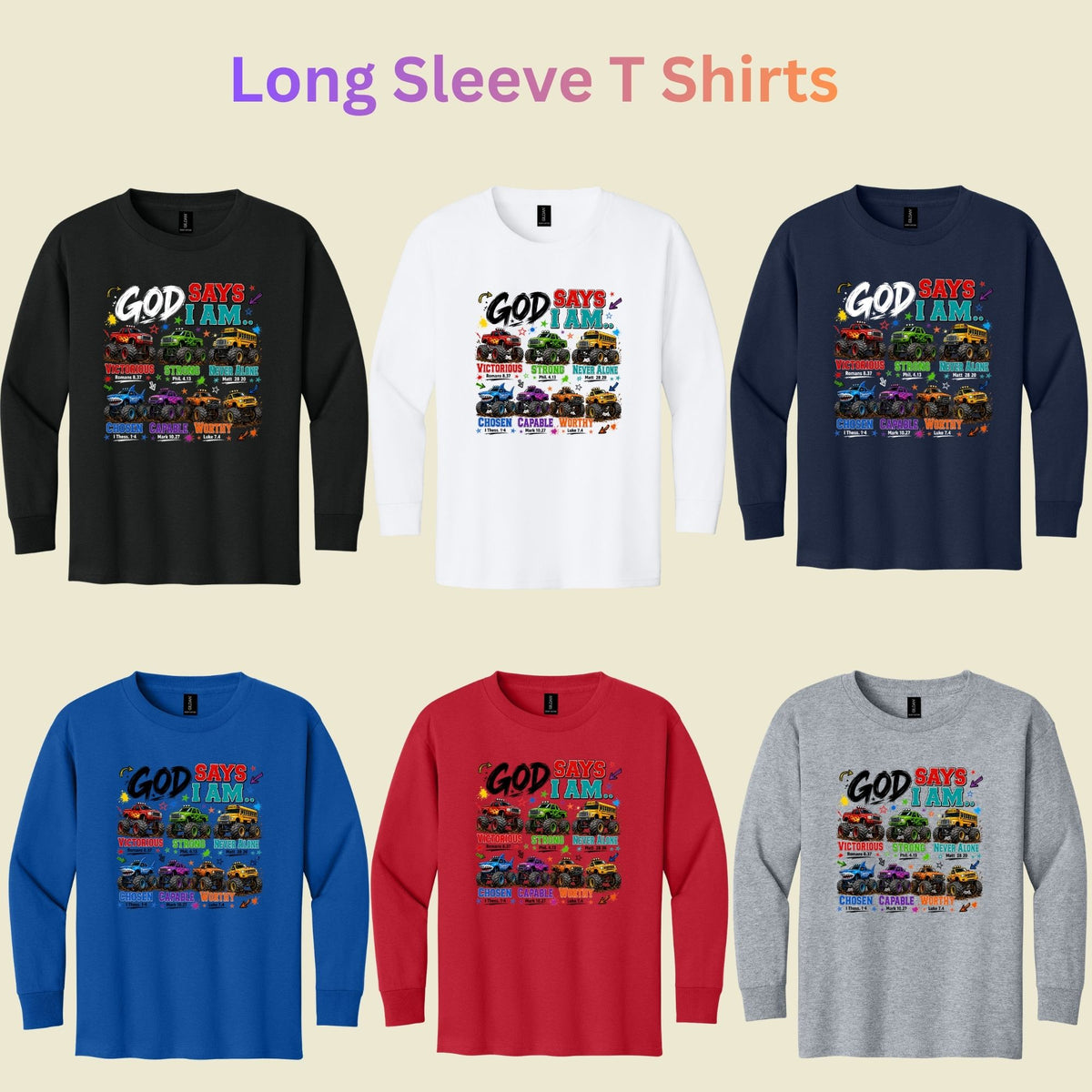 God Says I Am Monster Trucks Christian T-Shirt, Bible Verse Kids Religious Graphic Tee