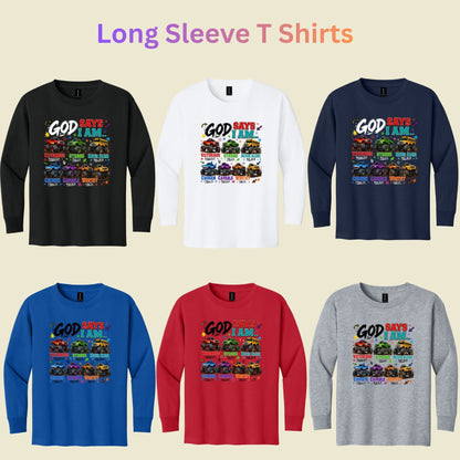 God Says I Am Monster Trucks Christian T-Shirt, Bible Verse Kids Religious Graphic Tee