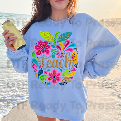 Teacher DTF Transfers, Teach Floral Apple Colorful Back to School Teacher Life Ready to Press