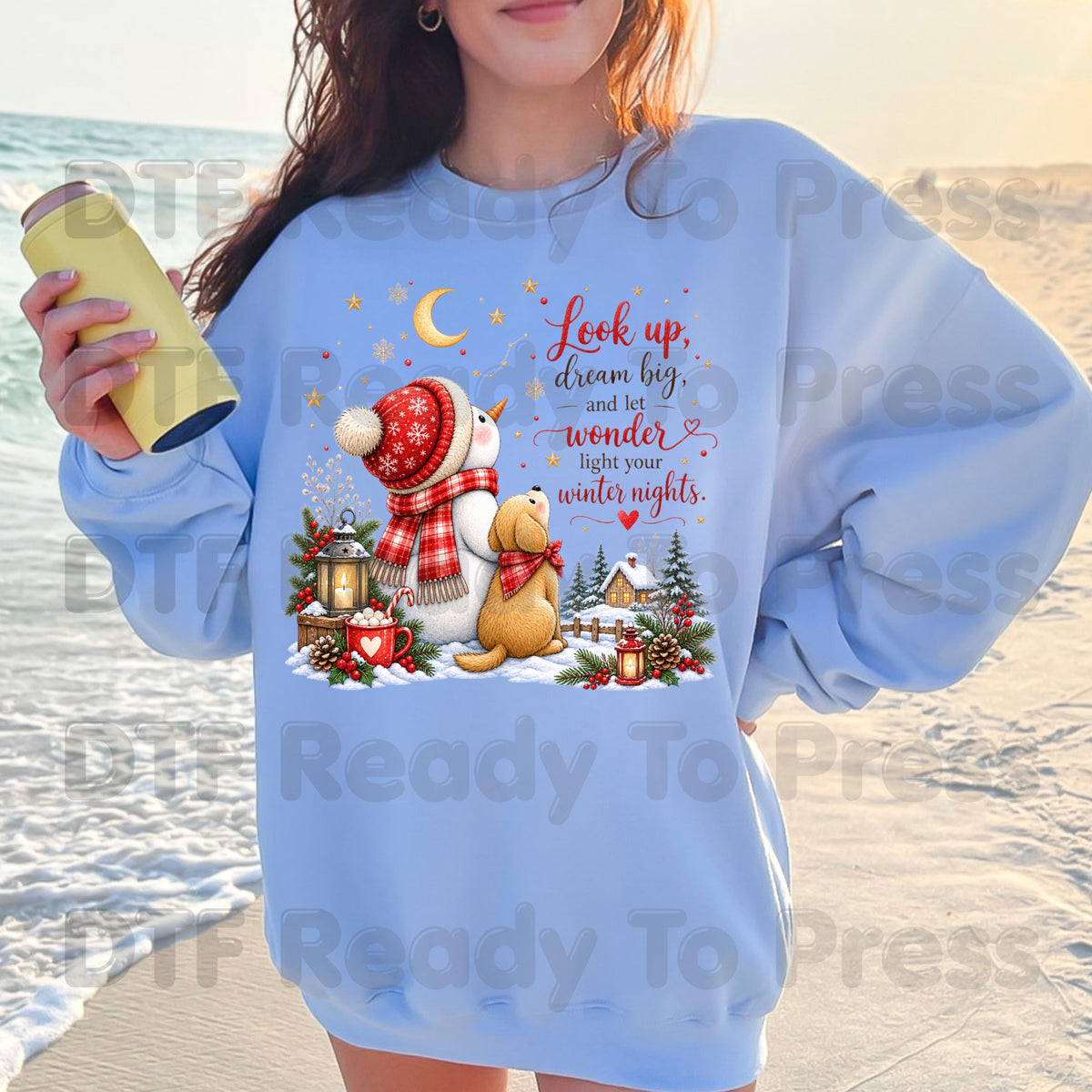Snowman Dog DTF Transfers, Look Up Dream Big Quote Cute Winter Christmas Ready to Press