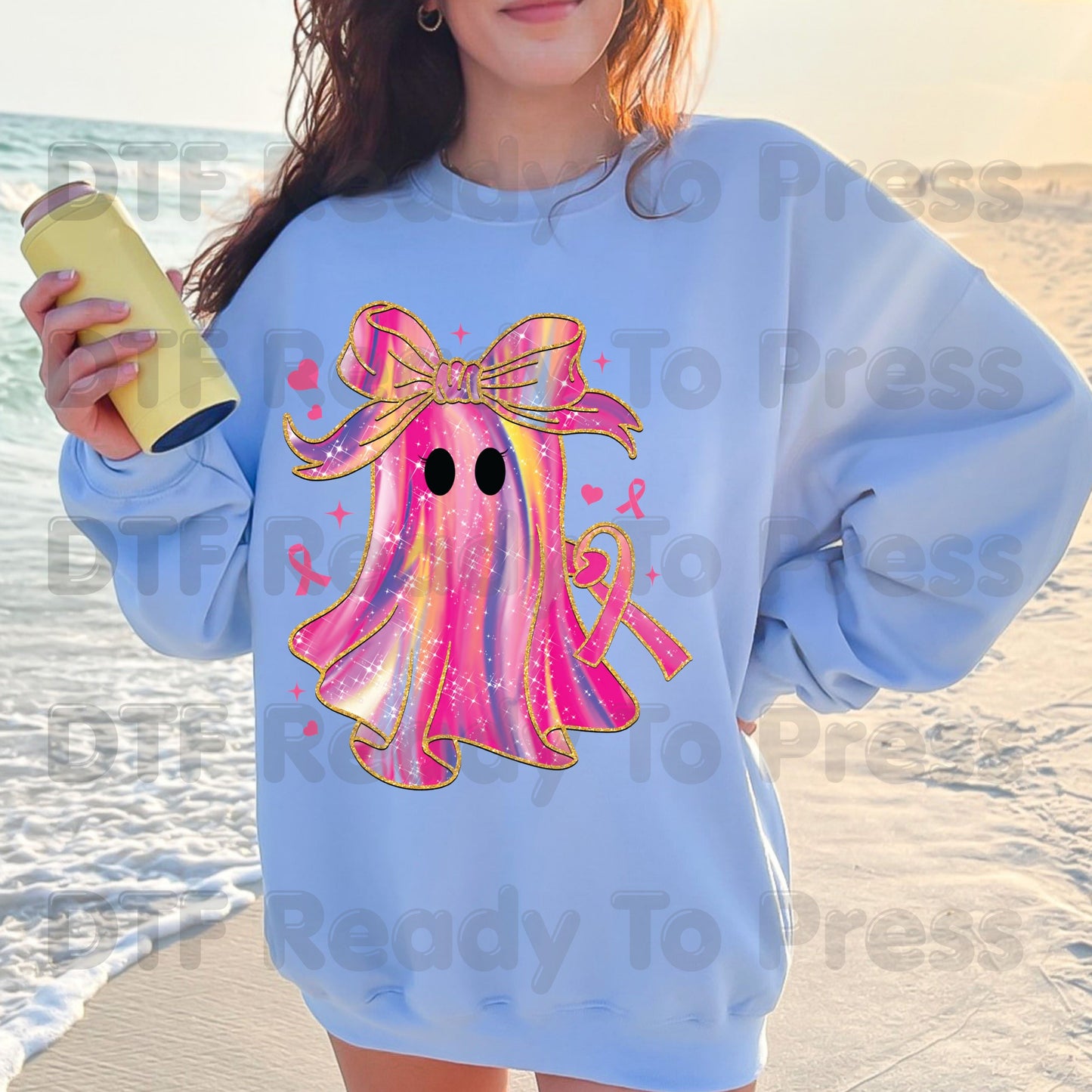 Glitter Pink Ghost Breast Cancer Awareness DTF Transfer Ready to Press Heat Transfer Bow Tee
