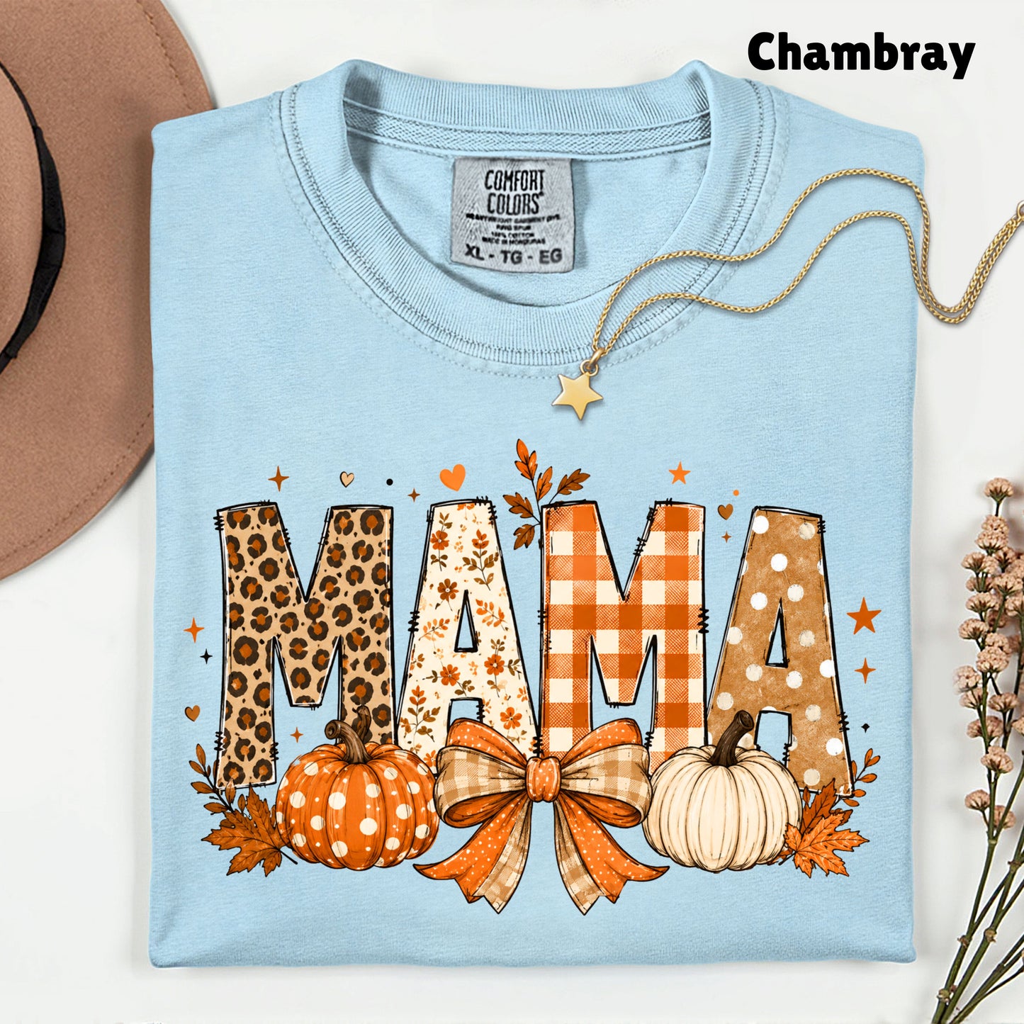 Fall Mama Pumpkin Leopard Plaid T-Shirt, Varsity Letters Autumn Leaves Bow Thanksgiving Mom Tee