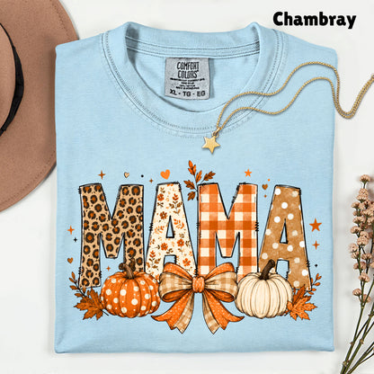 Fall Mama Pumpkin Leopard Plaid T-Shirt, Varsity Letters Autumn Leaves Bow Thanksgiving Mom Tee