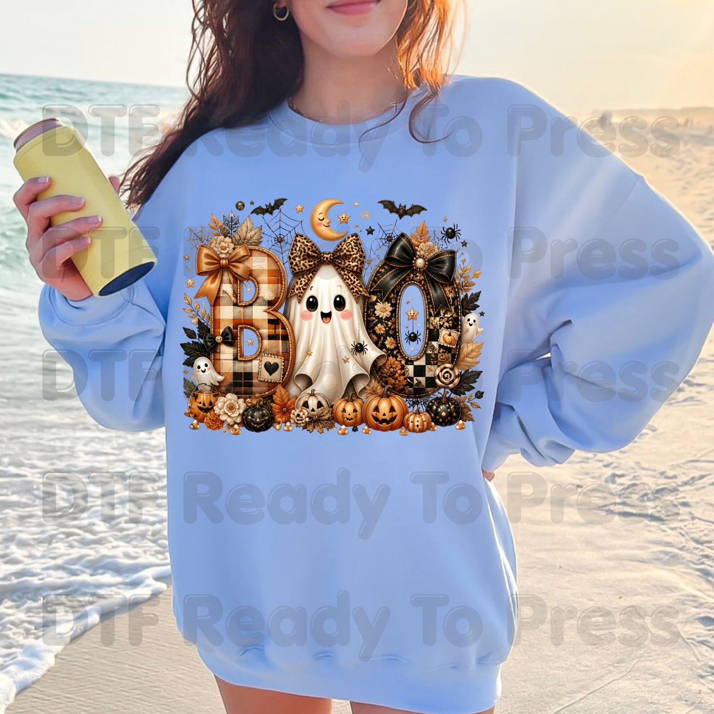 Halloween Boo Ghost DTF Transfers, Cute Bows Orange Plaid Leopard Spooky Season Ready to Press