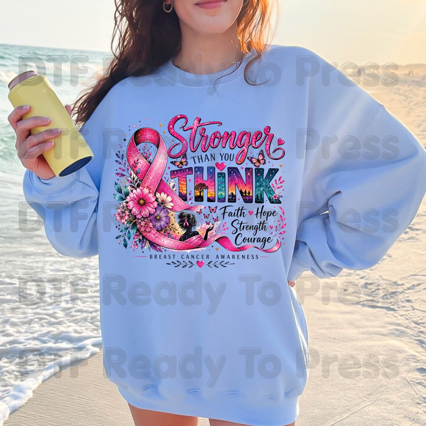 Stronger Than You Think Breast Cancer Awareness DTF Transfer Ready to Press Heat Transfer Ribbon Floral Tee