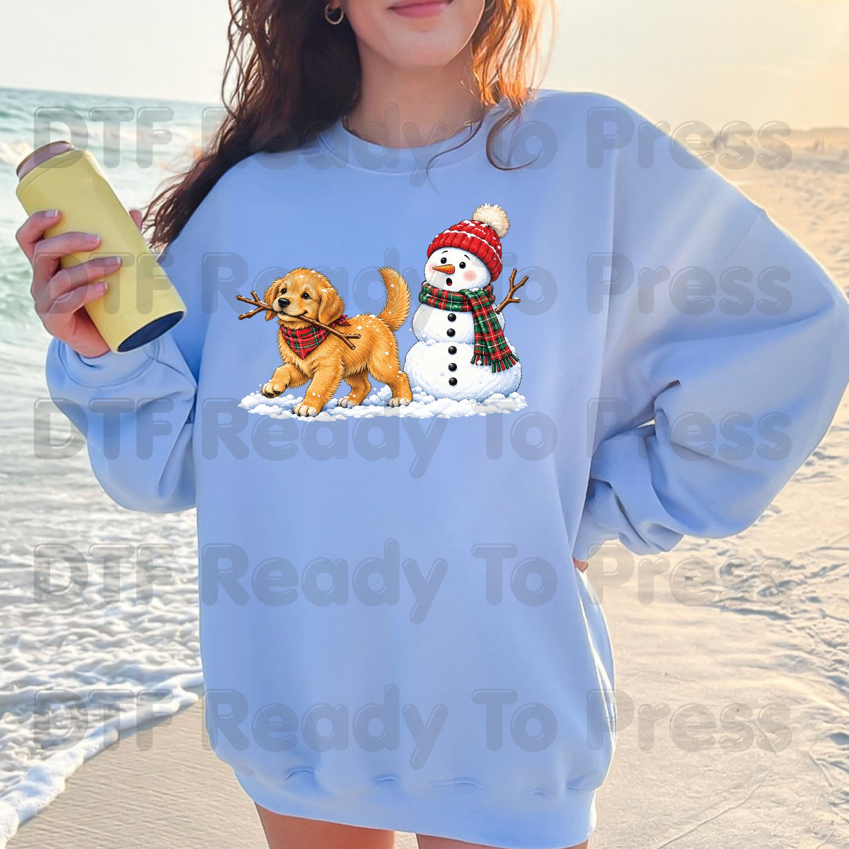 Christmas DTF Transfer, Golden Retriever Puppy with Snowman and Plaid Scarf