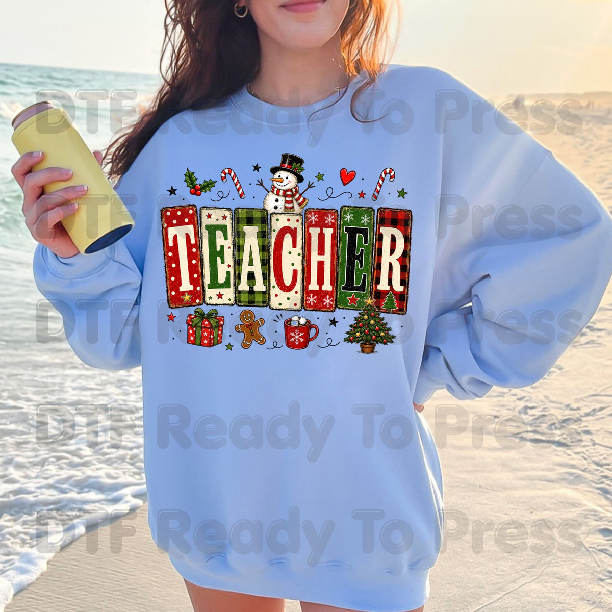 Christmas Teacher Snowman DTF Transfers, School Gingerbread Plaid Holiday Ready to Press