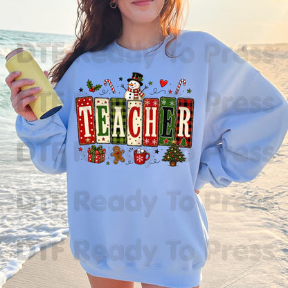 Christmas Teacher Snowman DTF Transfers, School Gingerbread Plaid Holiday Ready to Press
