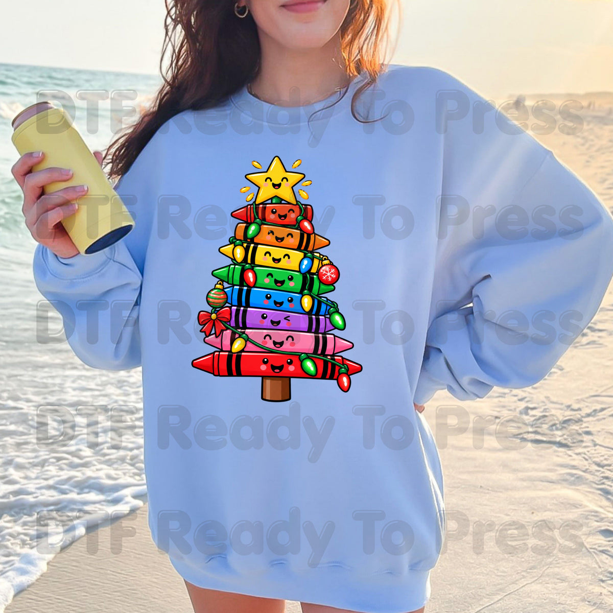 Christmas Crayon Tree DTF Transfers, Teacher School Rainbow Lights Holiday Ready to Press
