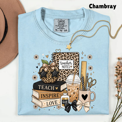 Teach Inspire Love Leopard Teacher T-Shirt, Notebook Coffee Iced Drink Comfort Color Tee