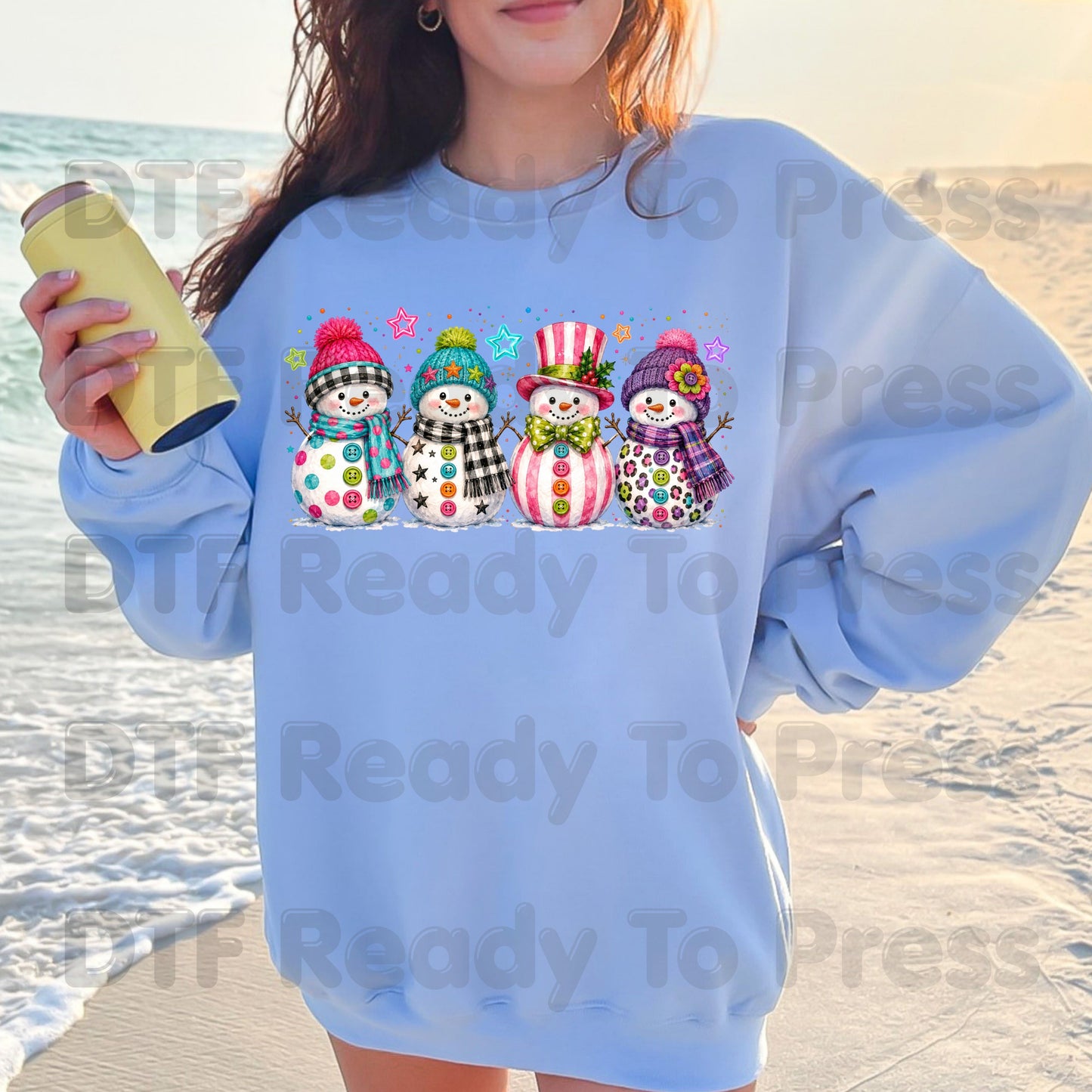 Christmas Colorful Snowmen DTF Transfers, Cute Winter Snowman Beanies Scarves Holiday Ready to Press