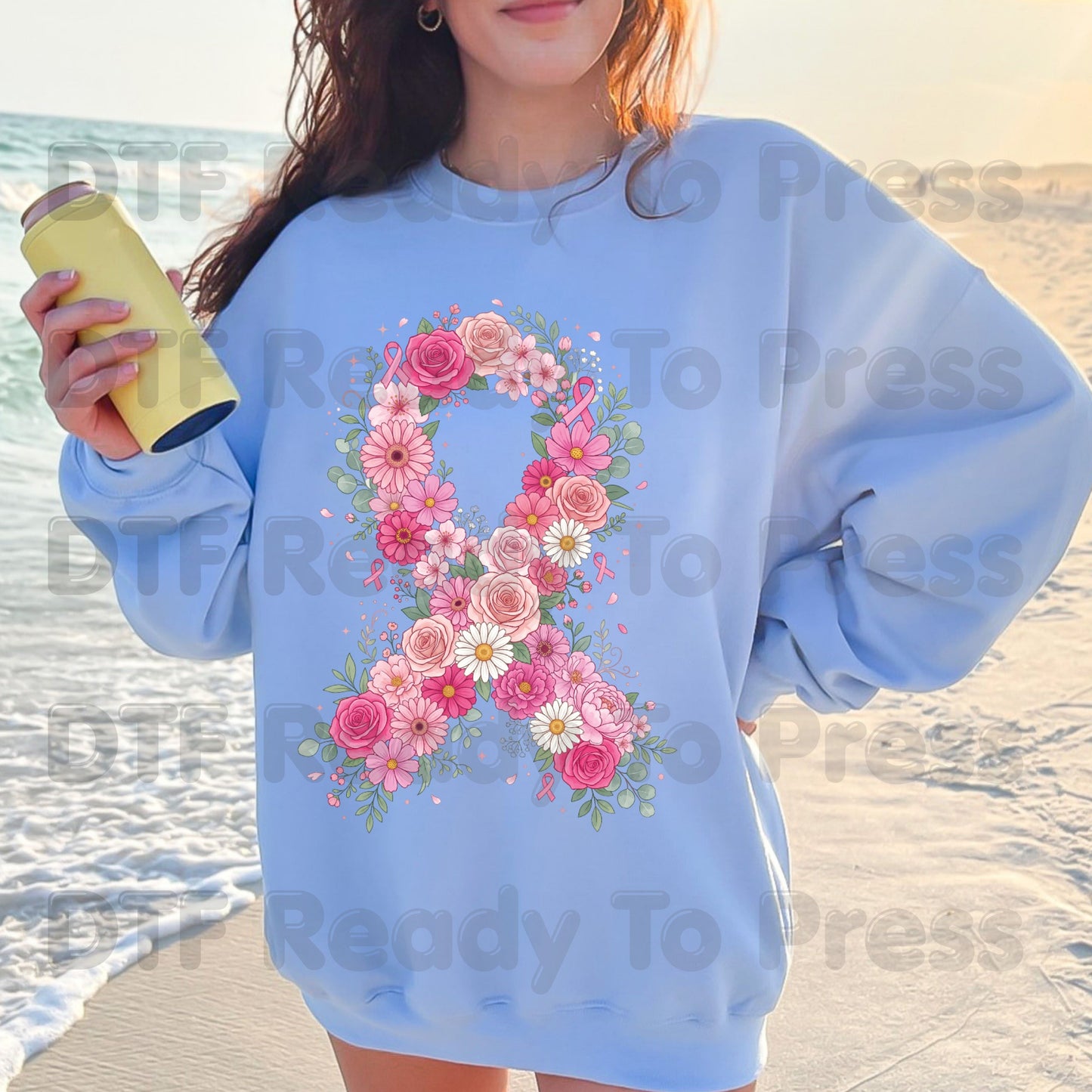 Floral Pink Ribbon Breast Cancer Awareness DTF Transfer Ready to Press Heat Transfer Survivor Tee