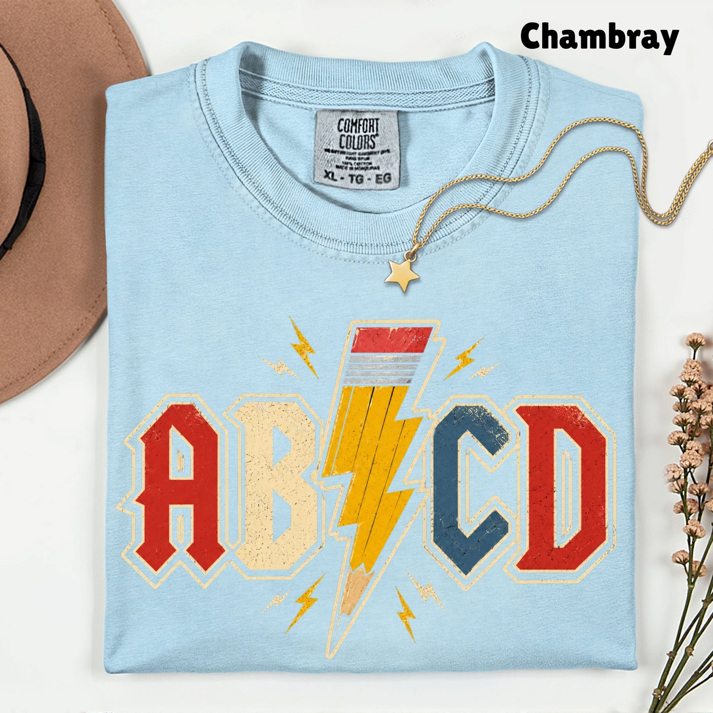 AB CD Lightning Bolt Pencil Teacher T-Shirt, Rock N Roll Back to School Comfort Color Tee
