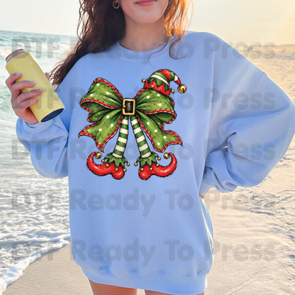 Christmas Elf DTF Transfer, Green Bow, Striped Legs and Hat