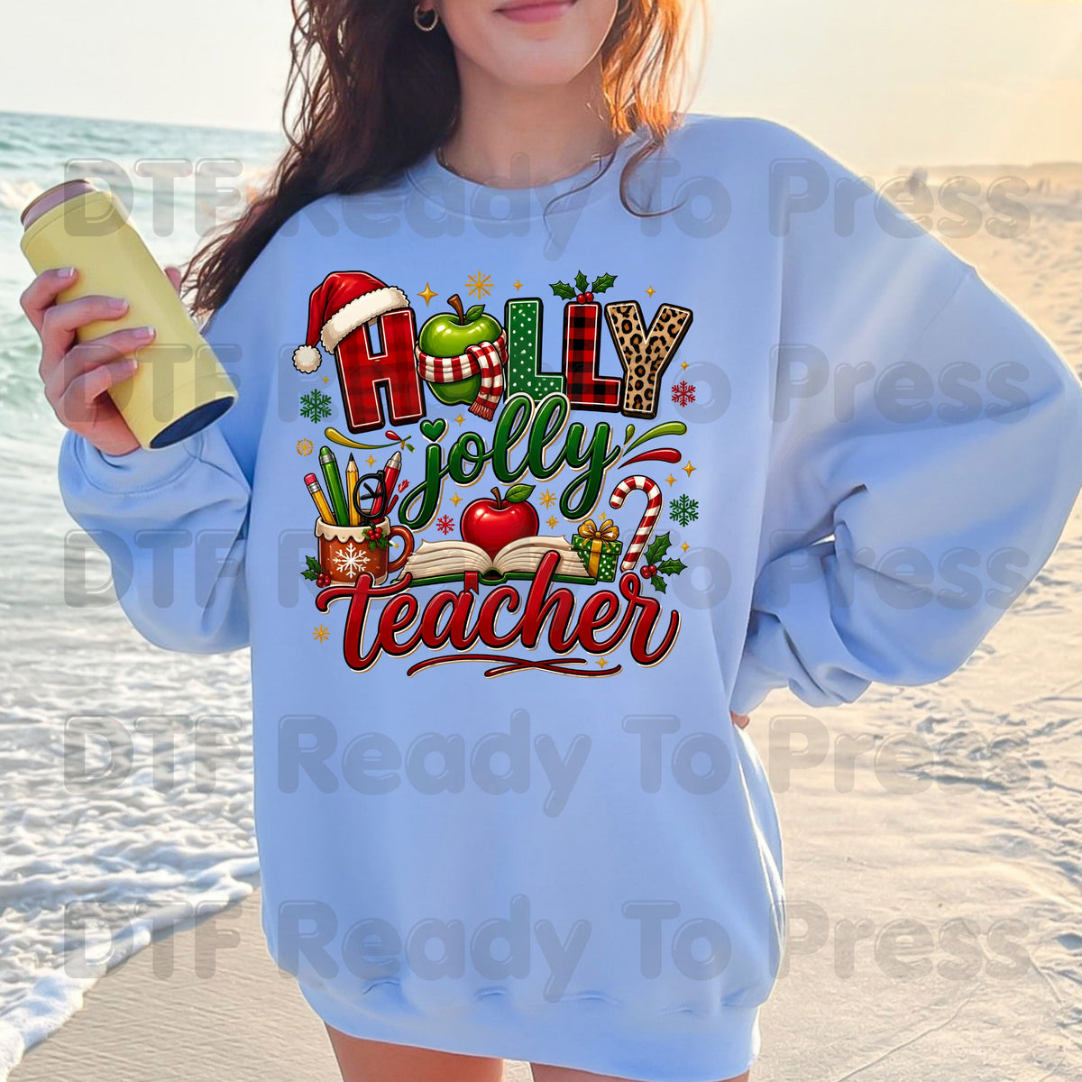 Holly Jolly Teacher DTF Transfers, Christmas School Apple Leopard Book Plaid Holiday Ready to Press