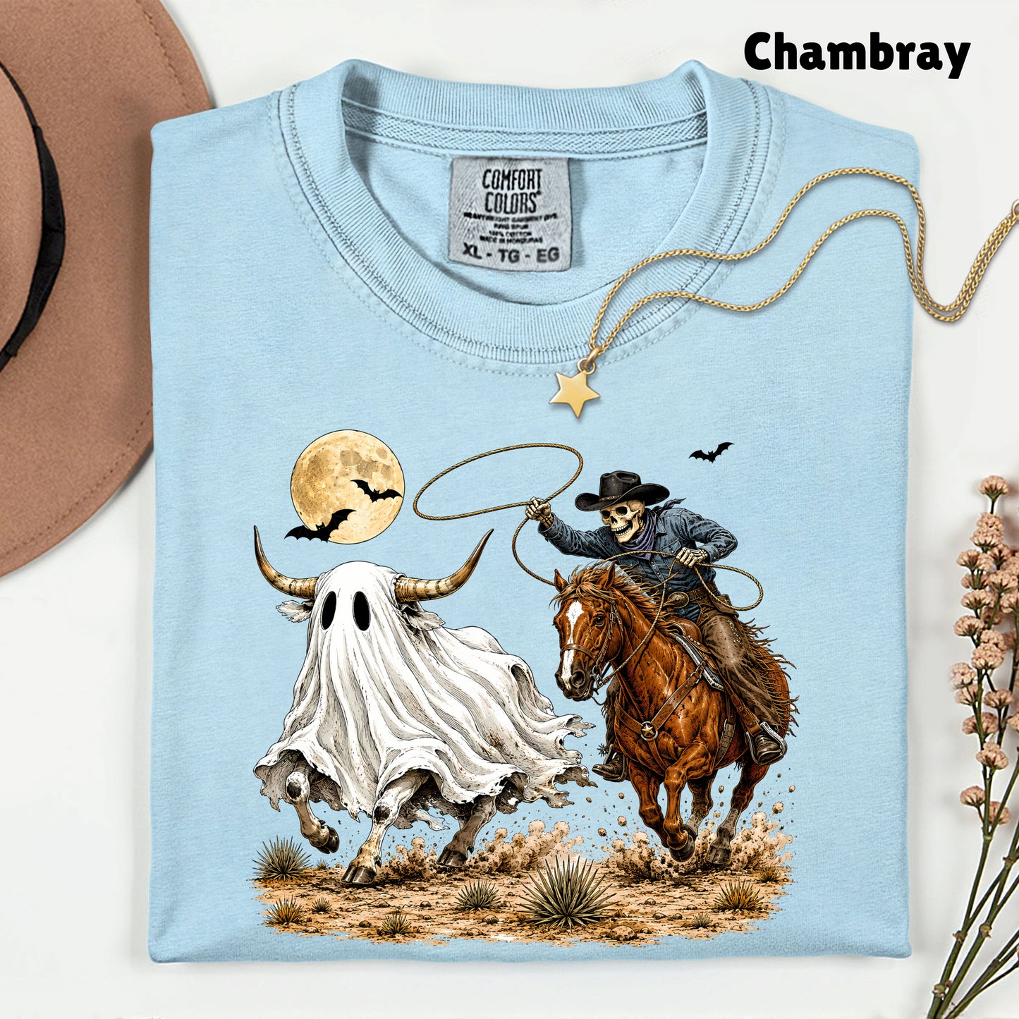 Halloween Skeleton Cowboy Ghost T-Shirt, Western Rodeo Bull Lasso Spooky Tee