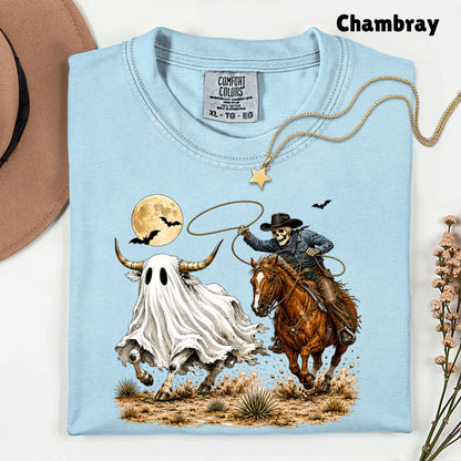Halloween Skeleton Cowboy Ghost T-Shirt, Western Rodeo Bull Lasso Spooky Tee
