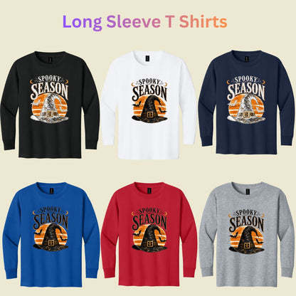 Spooky Season Vintage Witch Hat T-Shirt, Halloween Orange Moon Bats Tee for Toddler and Kids