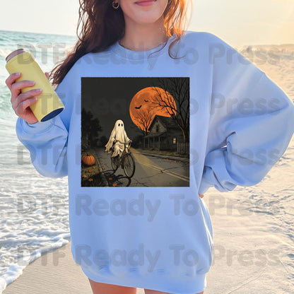 Ghost Riding Bike DTF Transfers, Orange Harvest Moon Haunted House Halloween Ready to Press