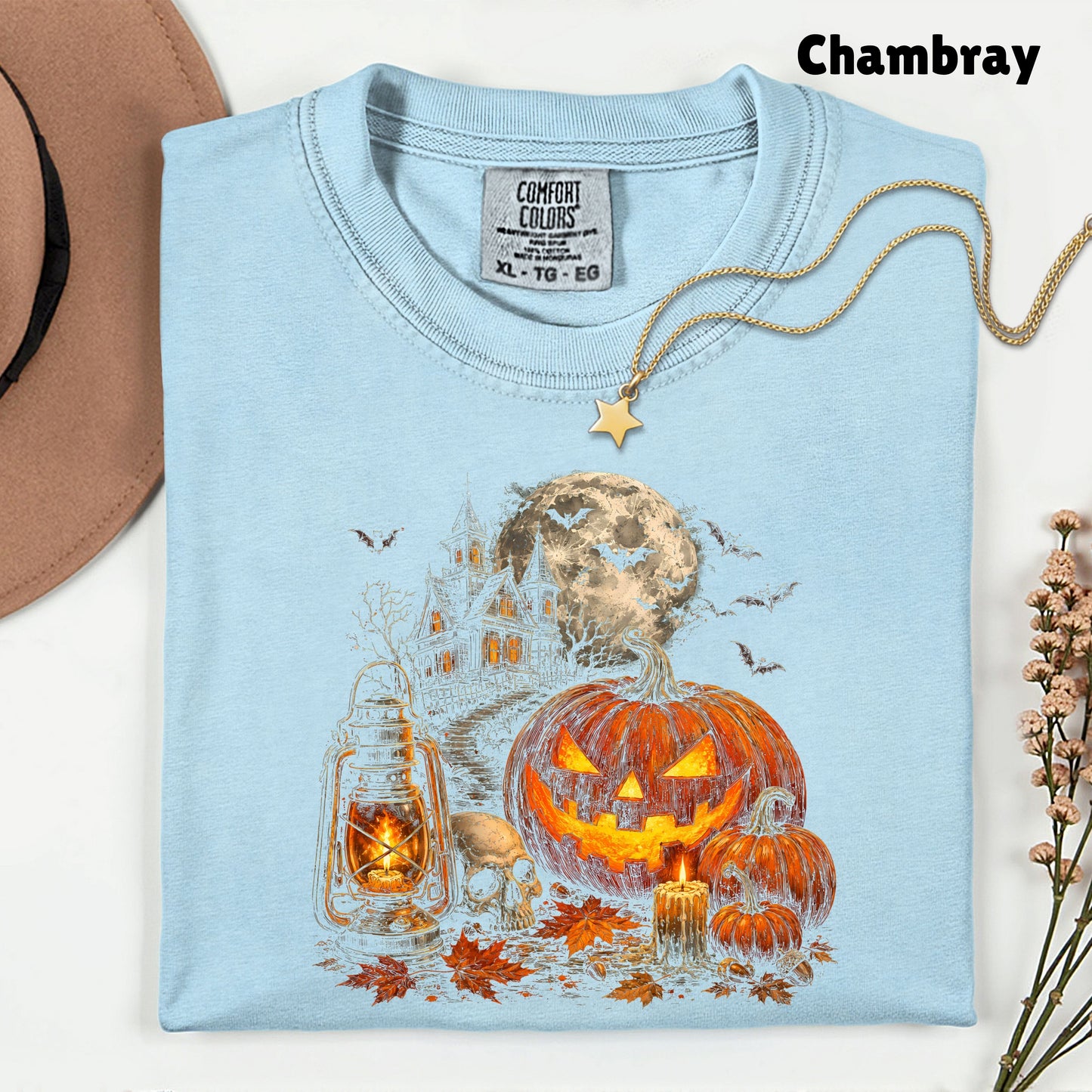 Vintage Haunted House Halloween T-Shirt, Pumpkin Lantern Jack O Lantern Spooky Autumn Tee