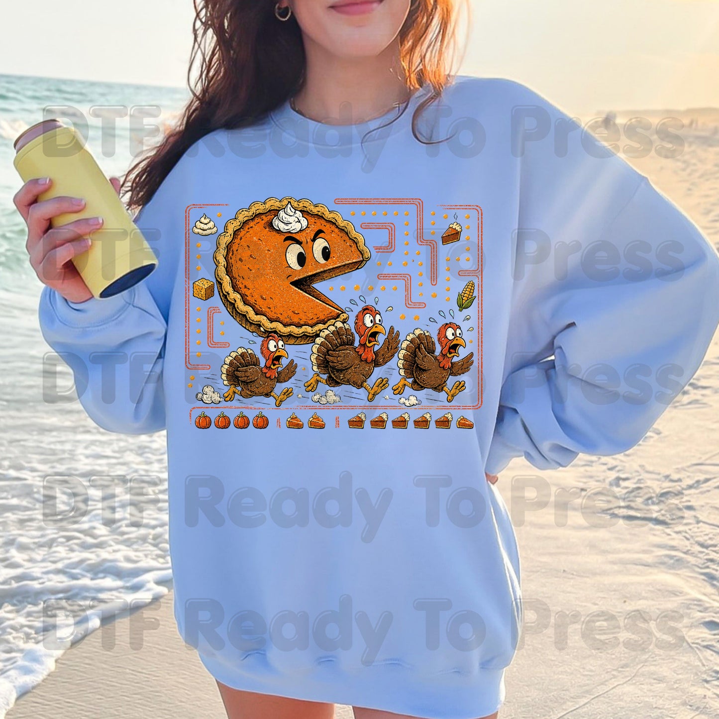 Funny Thanksgiving Pacman DTF Transfers, Pumpkin Pie Chasing Turkeys Maze Video Game Ready to Press