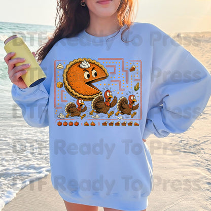 Funny Thanksgiving Pacman DTF Transfers, Pumpkin Pie Chasing Turkeys Maze Video Game Ready to Press