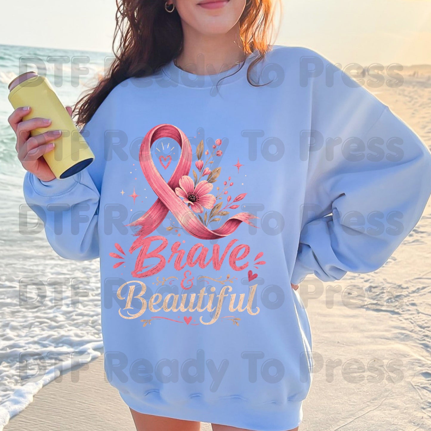 Brave and Beautiful Breast Cancer Awareness DTF Transfer Ready to Press Heat Transfer Pink Floral Ribbon Tee