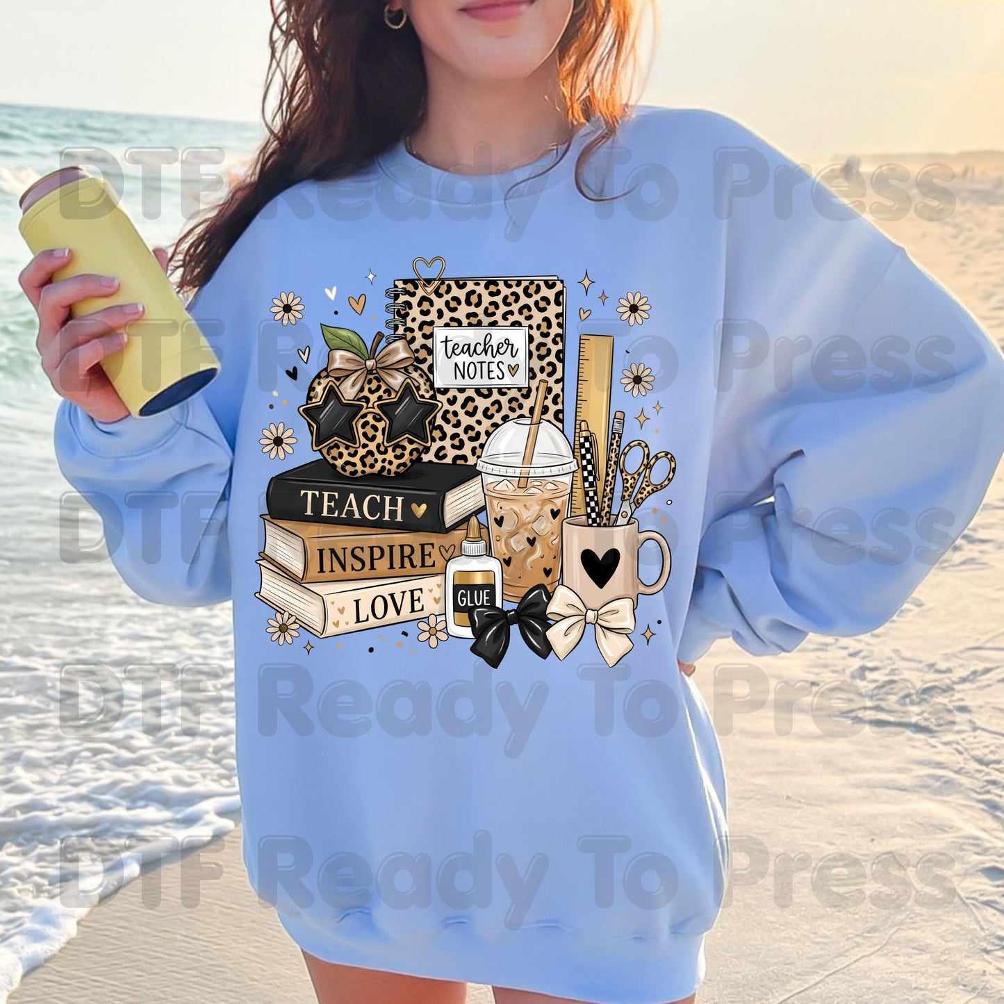 Teach Inspire Love Leopard Teacher DTF Transfers, Notebook Coffee Iced Drink Ready to Press