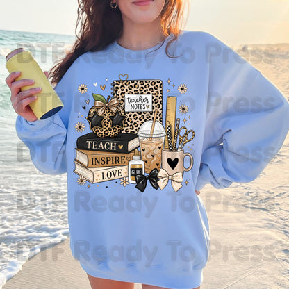 Teach Inspire Love Leopard Teacher DTF Transfers, Notebook Coffee Iced Drink Ready to Press