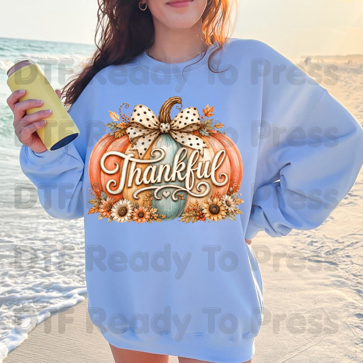Thanksgiving Pumpkin DTF Transfer Ready to Press Thankful Heat Transfer For Shirts Polka Dot Bow Sunflowers Autumn Fall Vibe Floral Print