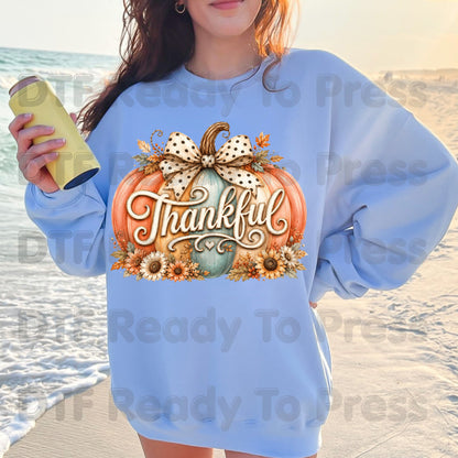 Thanksgiving Pumpkin DTF Transfer Ready to Press Thankful Heat Transfer For Shirts Polka Dot Bow Sunflowers Autumn Fall Vibe Floral Print