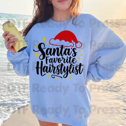 Santa's Favorite Hairstylist DTF Transfers, Christmas Salon Santa Hat Stars Holiday Ready to Press