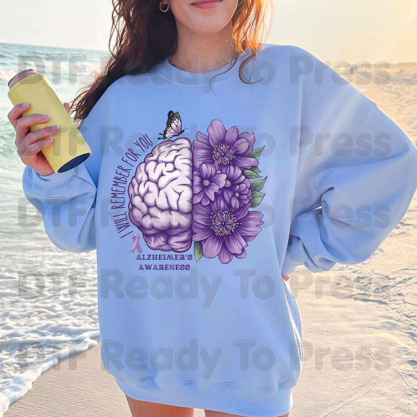 Alzheimers Awareness DTF Transfer Ready to Press I Will Remember For You Brain Purple Flowers Heat Transfer Tee Direct to Film