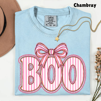 Boo Coquette Pink Bow Halloween T-Shirt, Striped Ribbon Cute Spooky Season Tee
