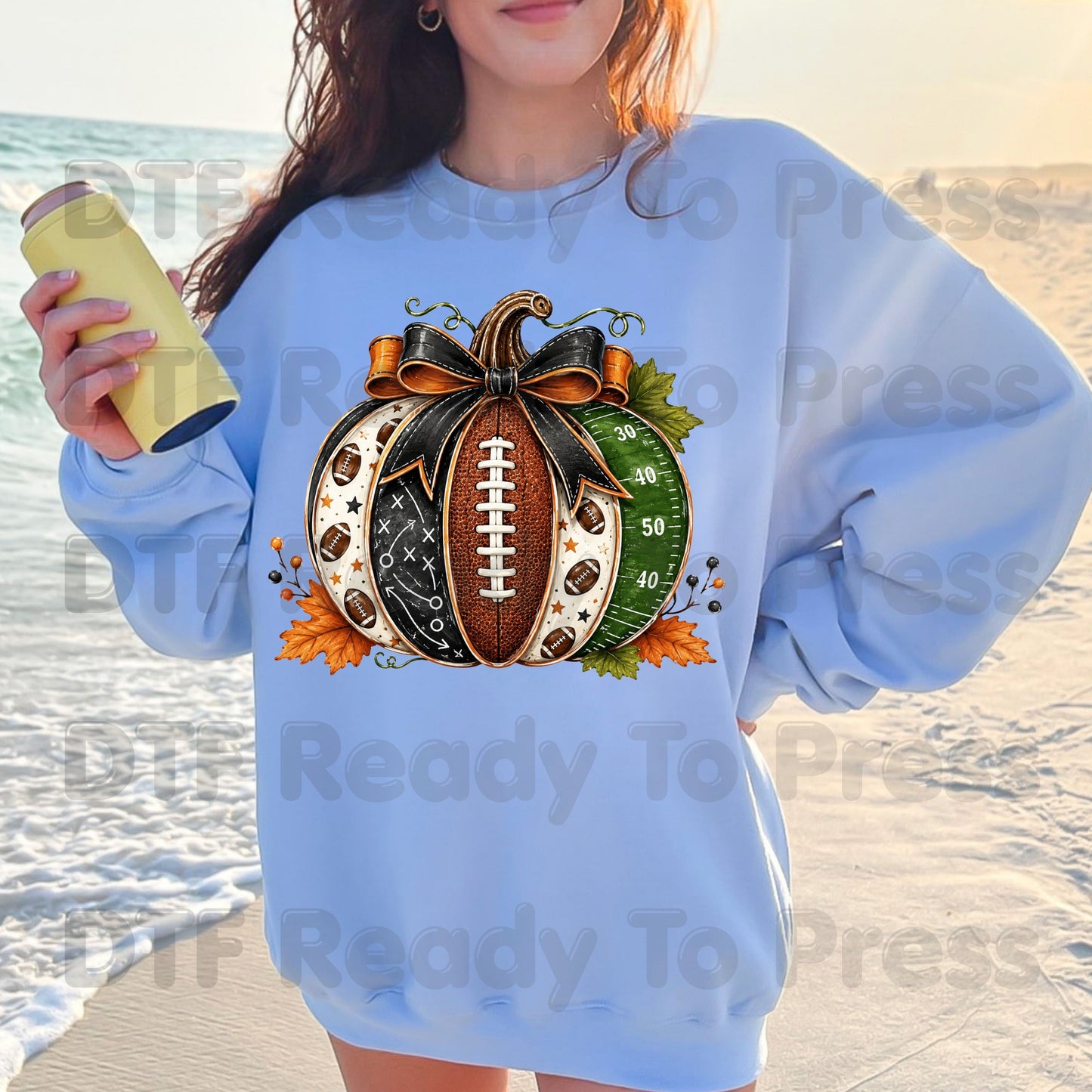 Football Pumpkin Bow DTF Transfers, Fall Game Day Football Field Patchwork Autumn Ready to Press