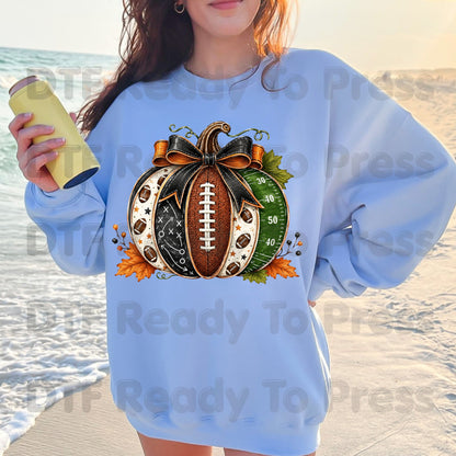 Football Pumpkin Bow DTF Transfers, Fall Game Day Football Field Patchwork Autumn Ready to Press