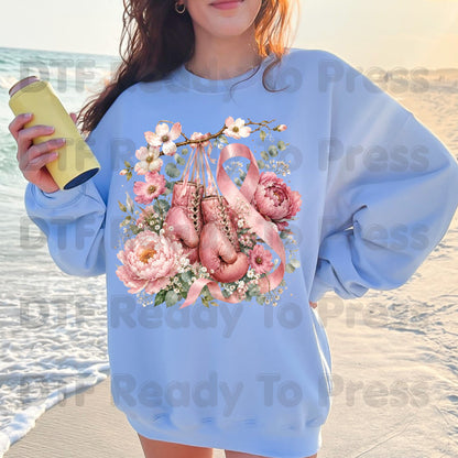 Pink Boxing Gloves Breast Cancer Awareness DTF Transfer Ready to Press Heat Transfer Floral Ribbon Tee