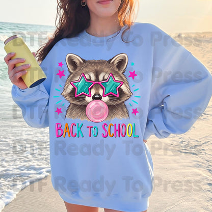 Back to School Raccoon DTF Transfers, Star Sunglasses Bubblegum Trash Panda Ready to Press