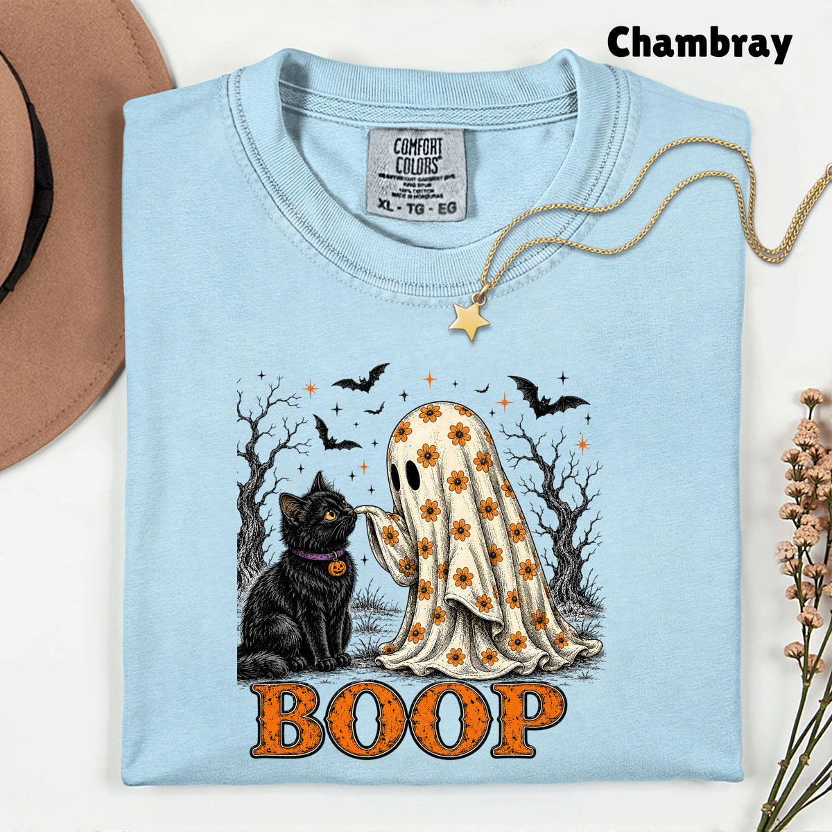 Halloween Cute Ghost Boop Black Cat T-Shirt, Floral Sheet Bats Spooky Season Tee