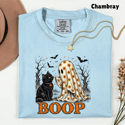 Halloween Cute Ghost Boop Black Cat T-Shirt, Floral Sheet Bats Spooky Season Tee